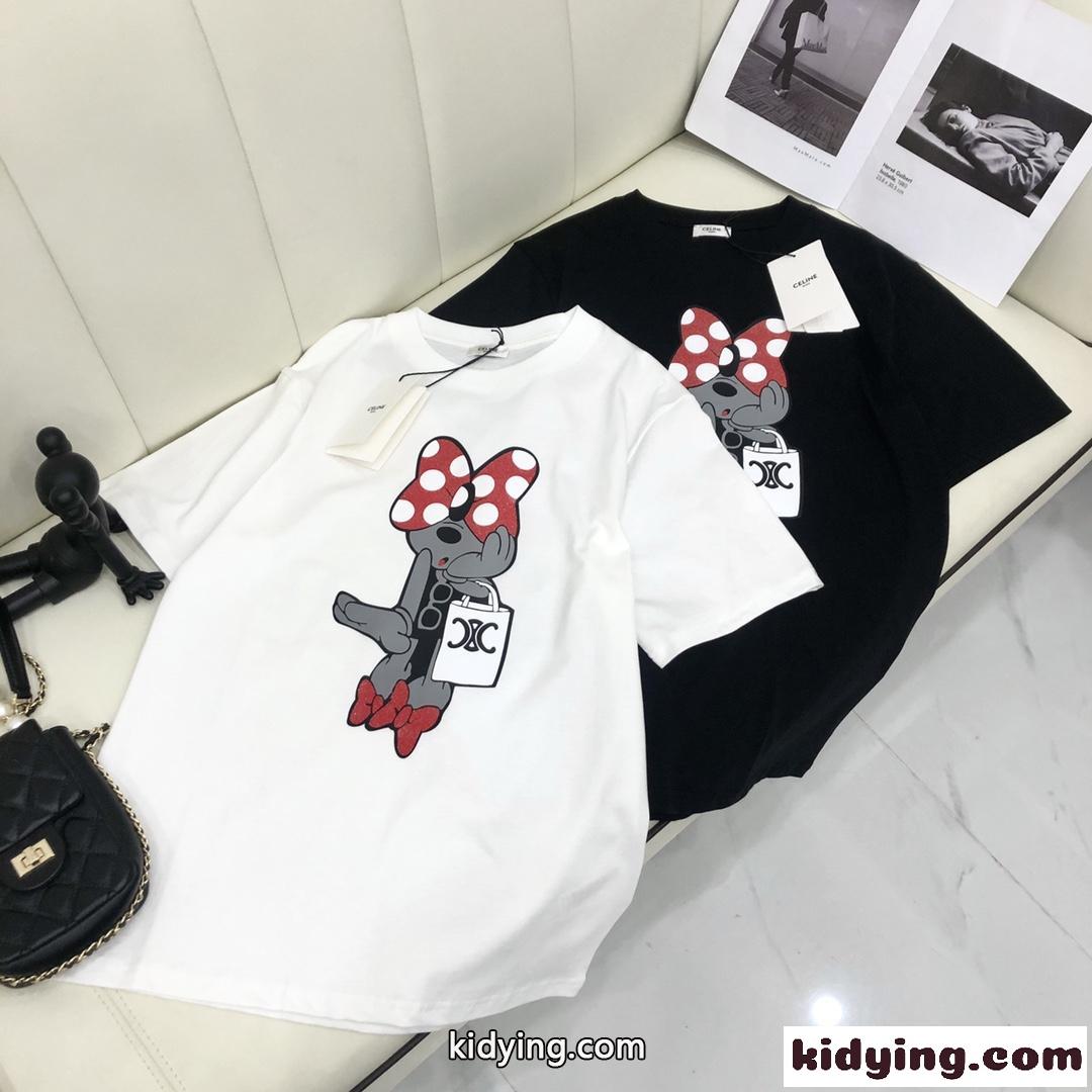 可愛い プリント 人気 定番 クルーネック セリーヌ tシャツ コピー 半袖 春夏 カジュアル きれいめ ホワイト ブラック-2