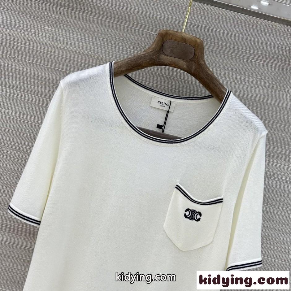 トリオンフ刺繍 クルーネックニットTシャツ セリーヌ Tシャツ 偽物 ホワイト-1