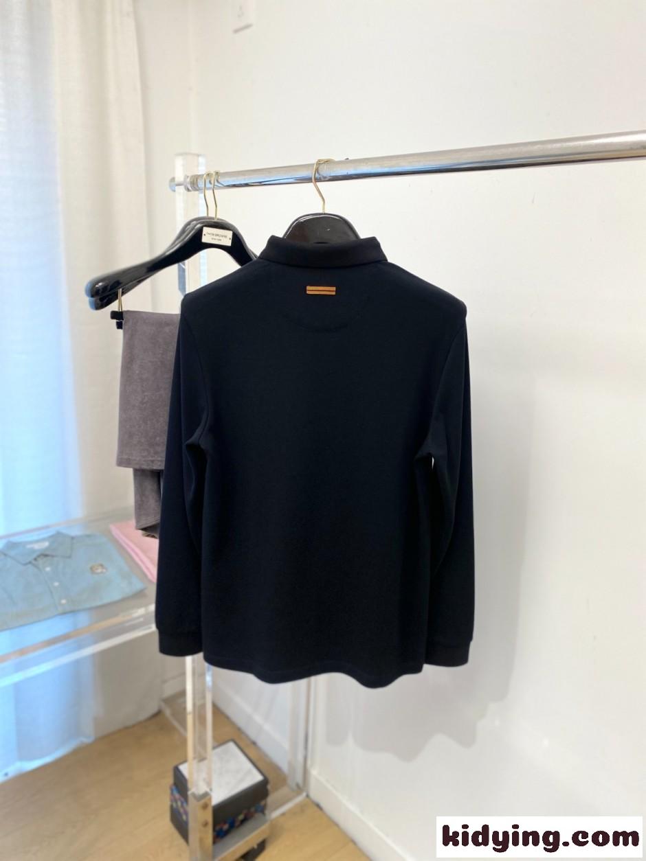 上品 洗練された ロゴ刺繍 長袖ポロシャツ エルメネジルド・ゼニア Tシャツ 偽物 ブラック-3