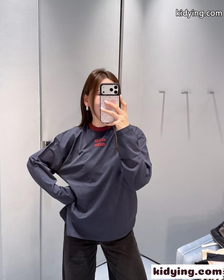 ロゴ入り コットン 長袖Tシャツ ミュウミュウ Tシャツ コピー クルーネック-4