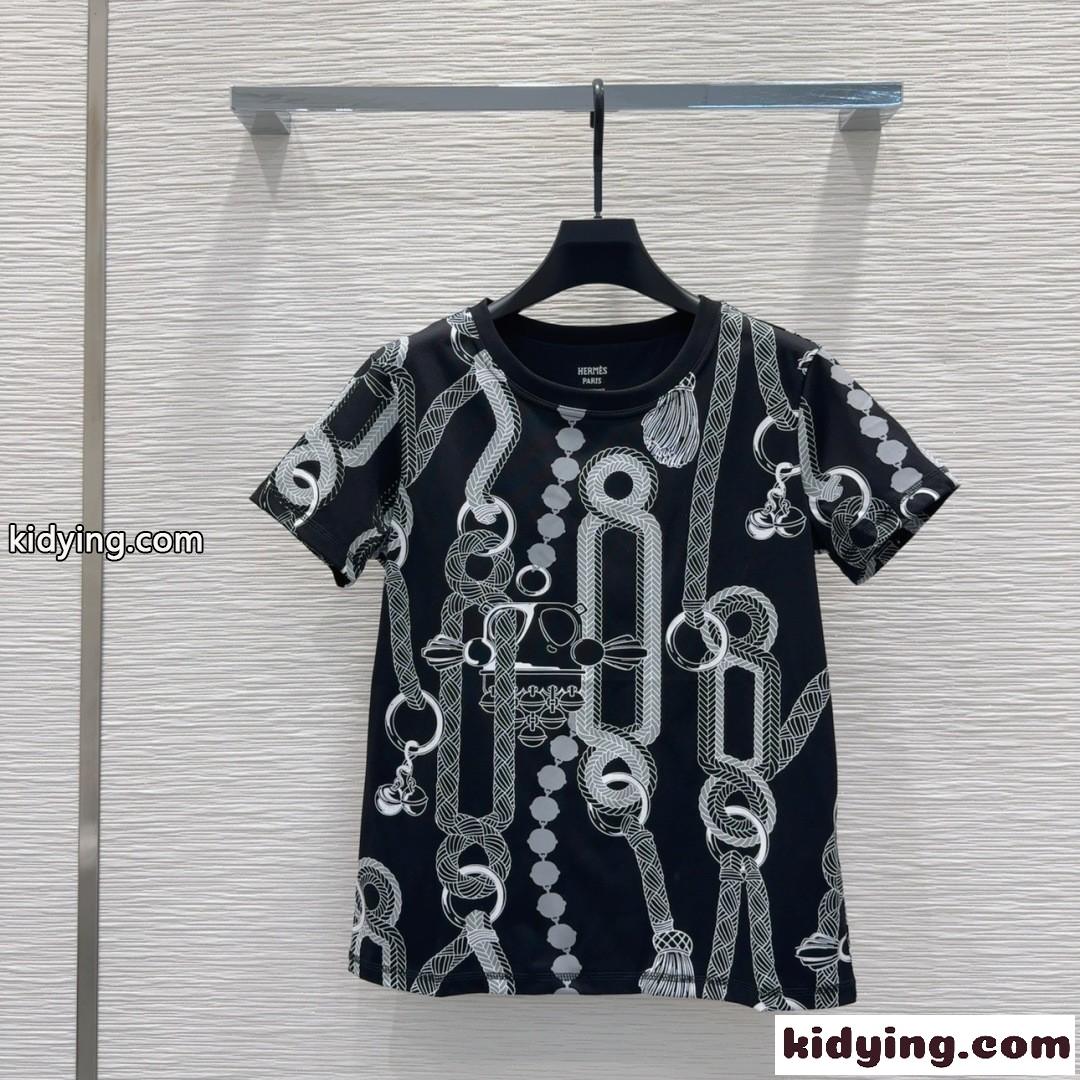 目を引く プリント 半袖Tシャツ エルメス Tシャツ コピー コットン ブラック-1