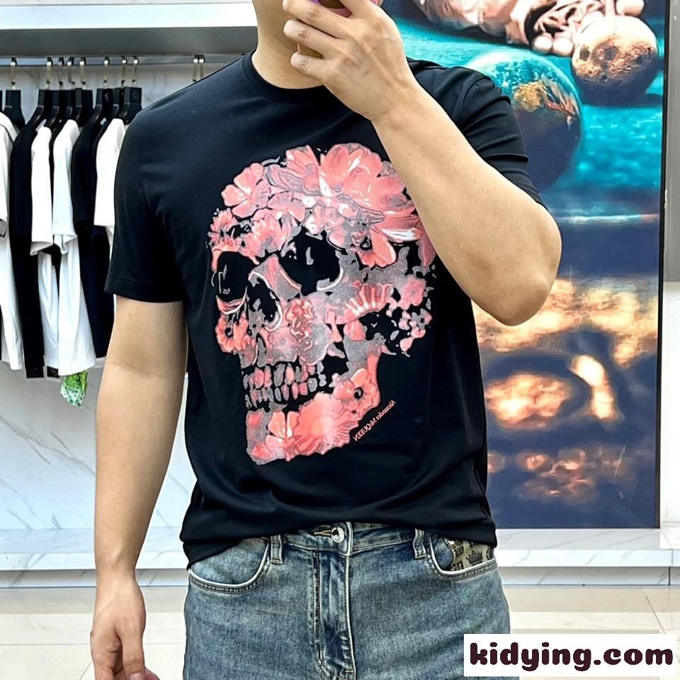 スカルプリント コットン 半袖Tシャツ アレキサンダー・マックイーン Tシャツ コピー ブラック-1