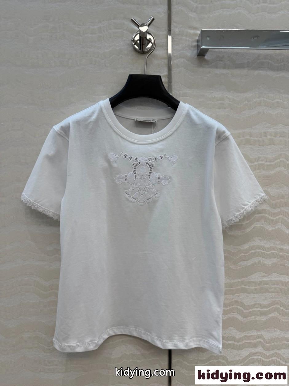 刺繍入り コットン 半袖Tシャツ エルメス Tシャツ コピー クルーネック ホワイト-0