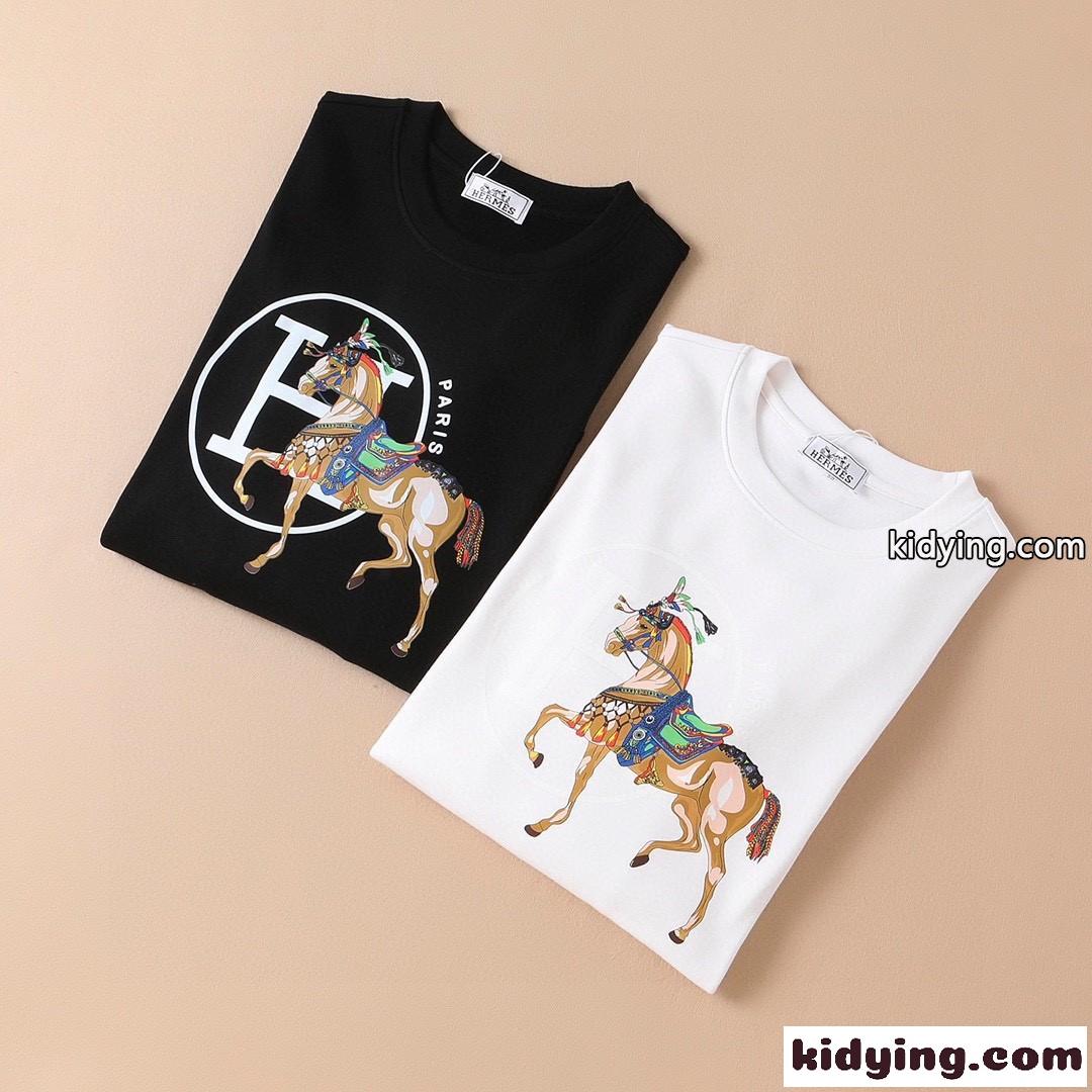 定番 おしゃれ ラウンドネック 長袖tシャツ エルメス Tシャツ コピー メンズ 快適 着心地いい カジュアル ホワイト ブラック-0