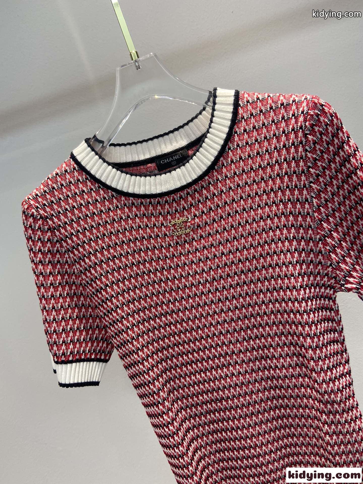 可愛い 配色 半袖 ニット シャネル Tシャツ コピー レディース 春夏 トップス-4
