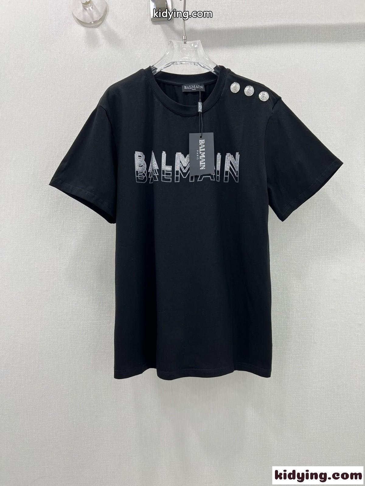 バルマン Tシャツ コピー ラインストーン ロゴ 半袖Tシャツ ブラック-0