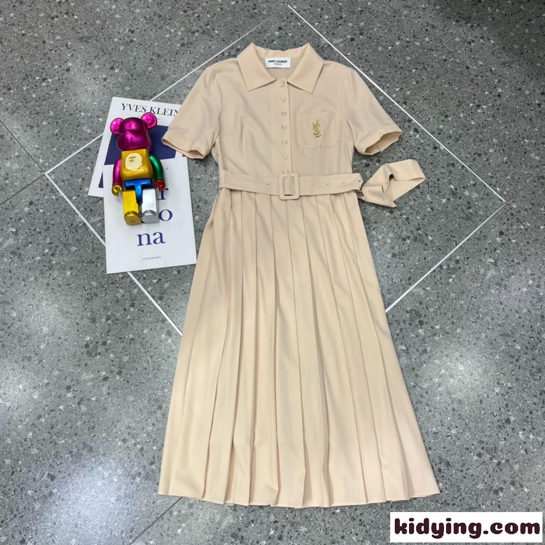 春夏 オシャレ 半袖 プリーツ ポロネック ベルト付き イヴ・サンローラン ワンピース コピー 着痩せ Aライン ドレス-3