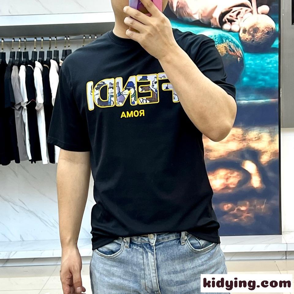 カジュアル ロゴ 半袖Tシャツ フェンディ Tシャツ 偽物 コットン ブラック-1