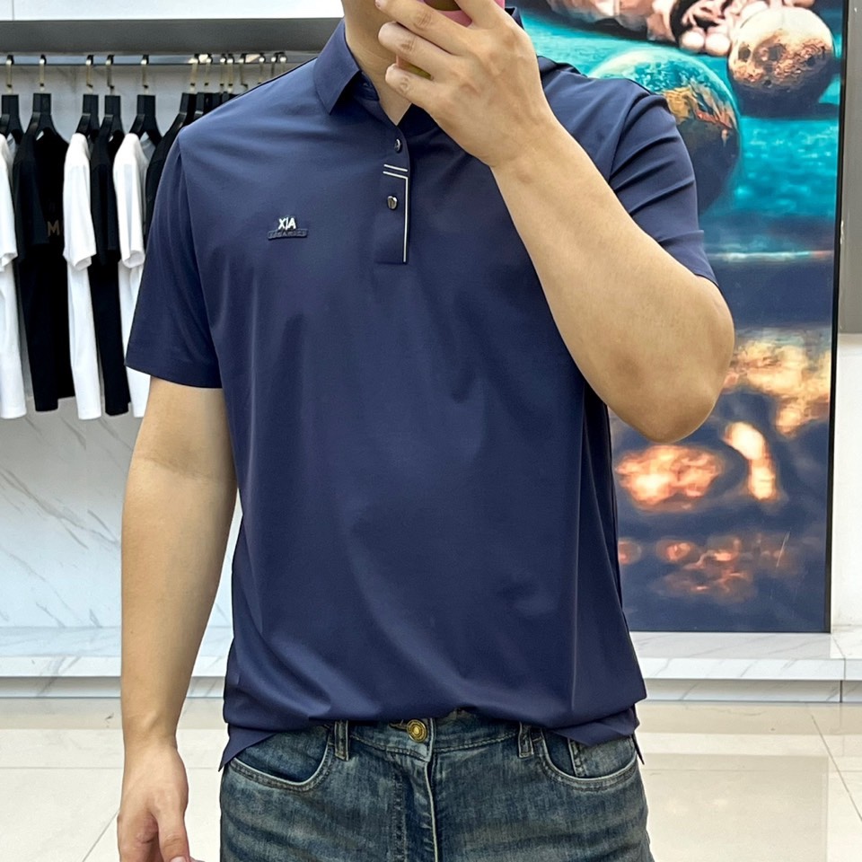 カジュアル 上品 ロゴ 半袖ポロシャツ アルマーニ Tシャツ 偽物 コットン ネイビー-1