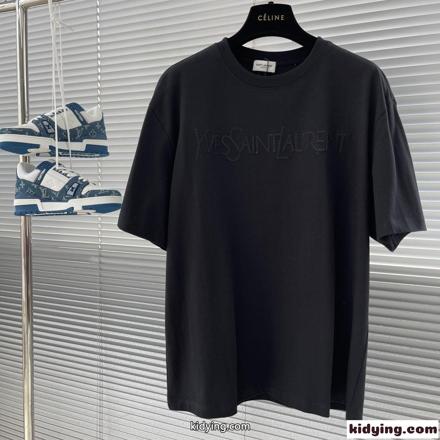 ベーシック 着回し ロゴ 刺繍 イヴ・サンローラン Tシャツ コピー クルーネック コットン ブラック-0