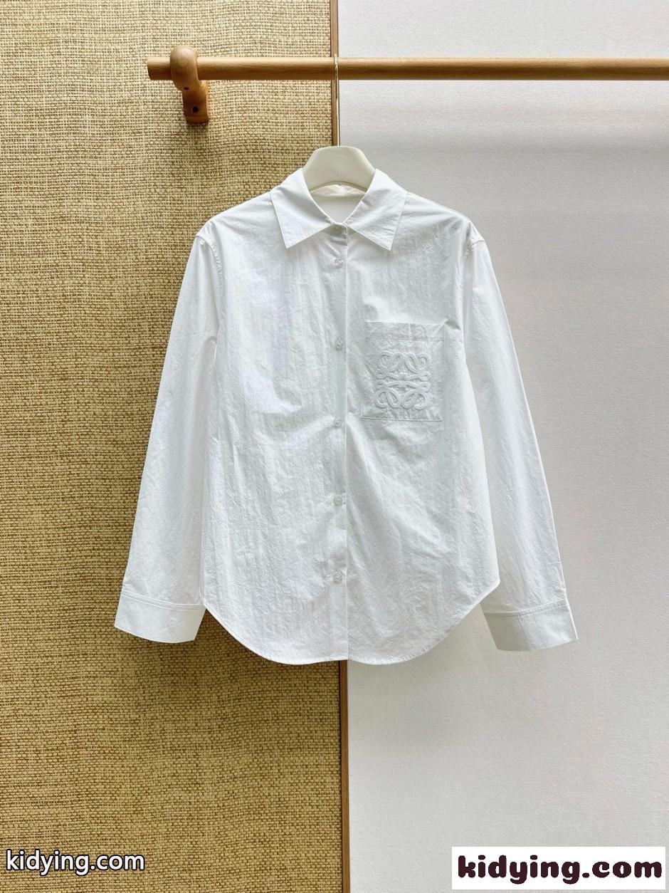 カジュアル アナグラム刺繍 コットン 長袖シャツ ロエベ シャツ 偽物 ホワイト-2