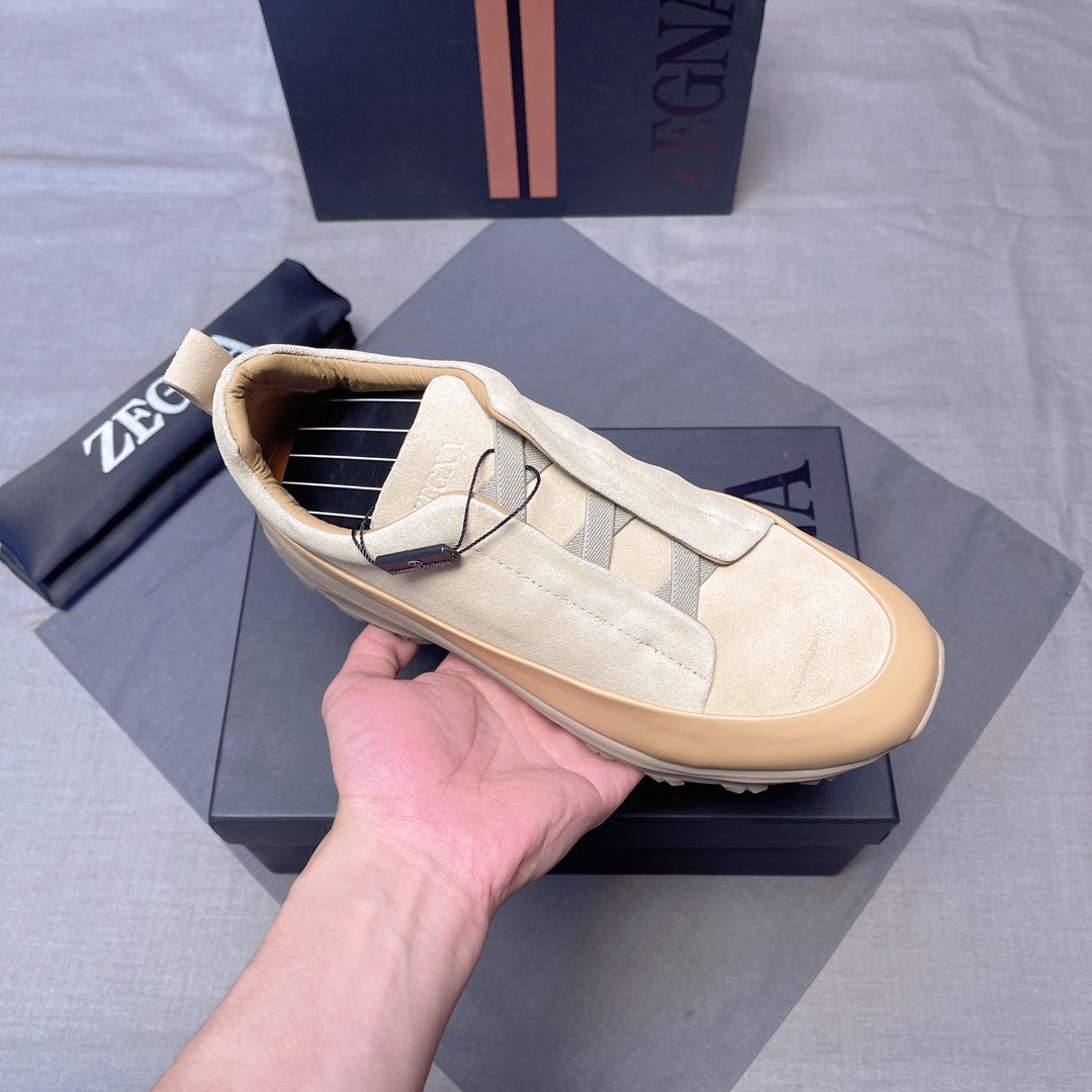 カジュアル 上品 スエード&レザー スリッポンシューズ エルメネジルド・ゼニア スニーカー コピー ベージュ-2