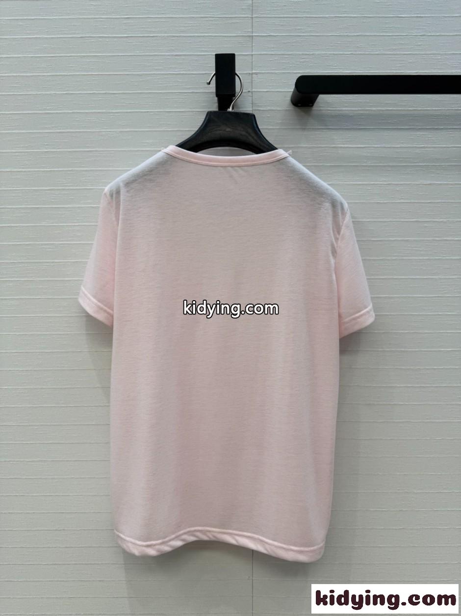 シャネル Tシャツ コピー ビジューネック コットンリネン 半袖Tシャツ ピンク-3