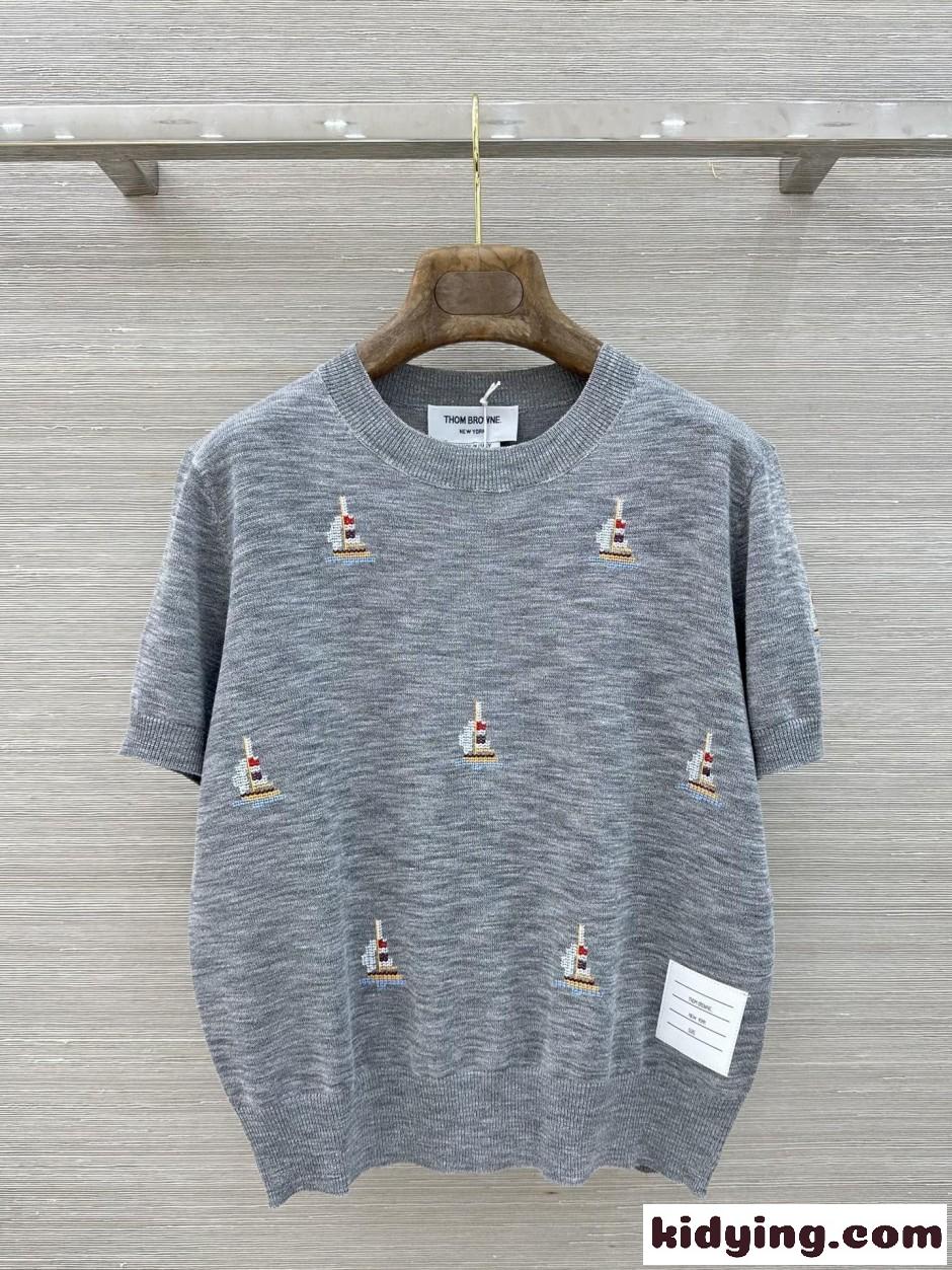 ヨットモチーフ クルーネック 半袖ニット トムブラウン ニット 偽物 コットン グレー-2