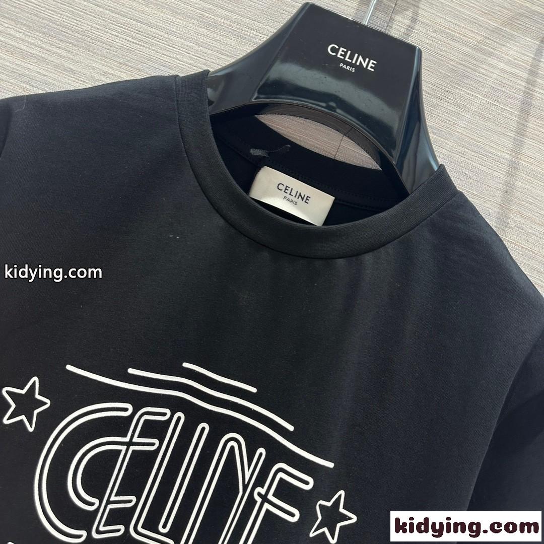 シンプル プリント クルーネック 半袖 コットン セリーヌ Tシャツ コピー ブラック-0