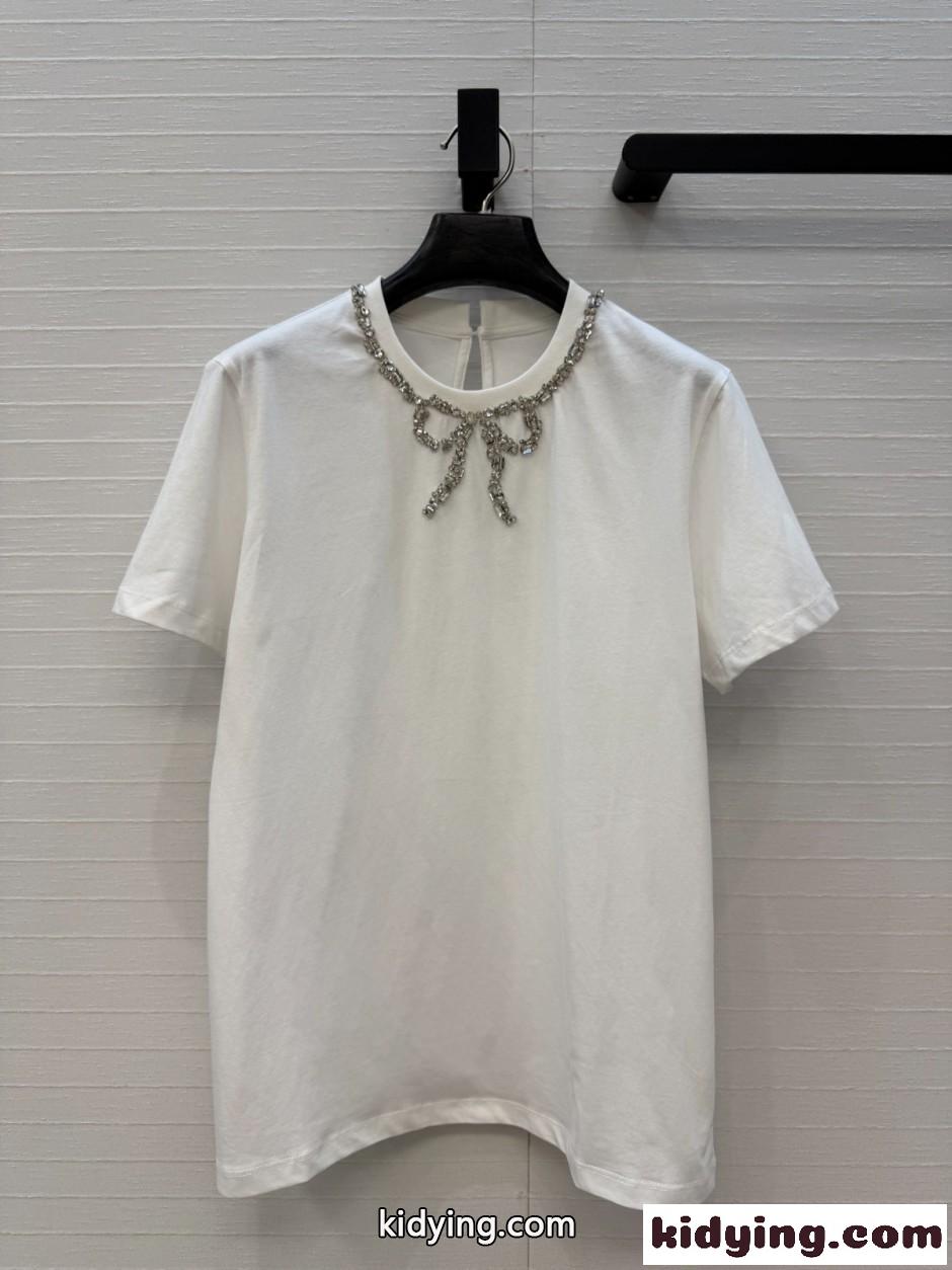 ビジュー装飾 コットン 半袖Tシャツ ヴァレンティノ Tシャツ 偽物 ホワイト-4
