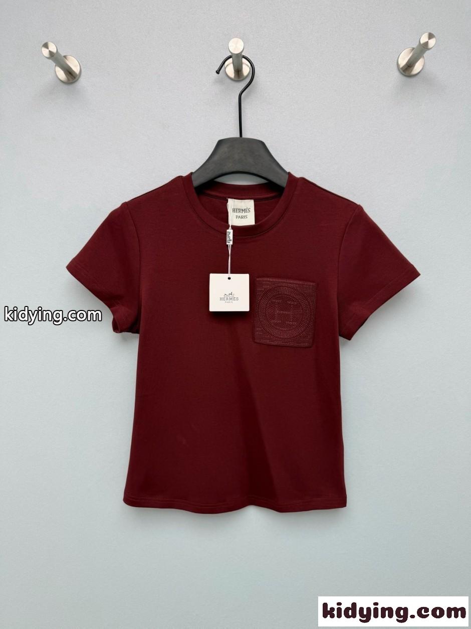 エンブローデッド ポケット 半袖Tシャツ エルメス Tシャツ コピー ボルドー-0