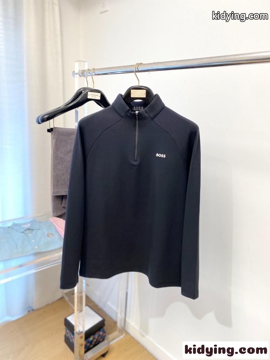 シンプル 洗練された 胸ロゴ ハーフジップ 長袖Tシャツ ヒューゴ・ボス Tシャツ 偽物 ブラック-0