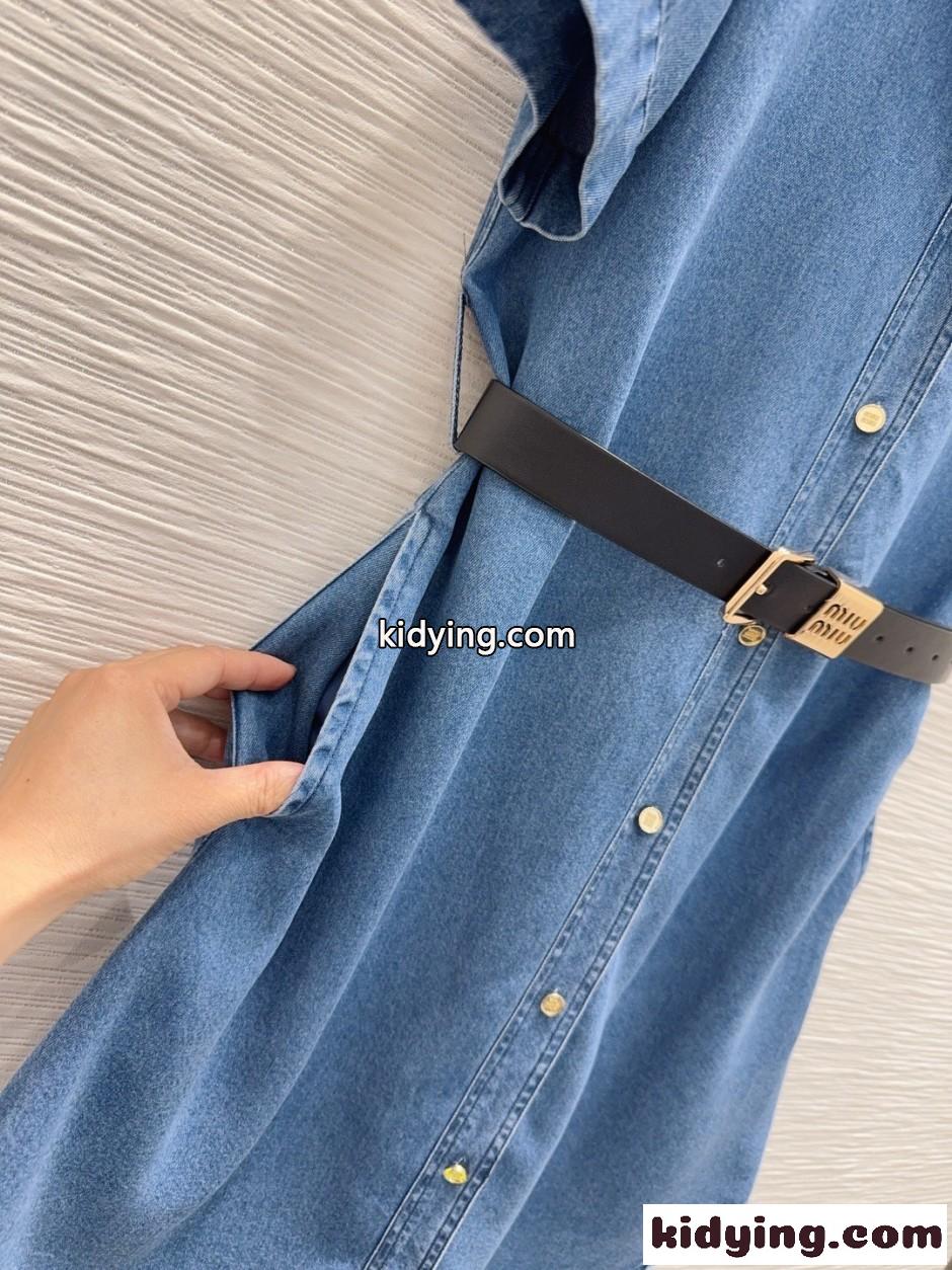 洗練された ベルト付き デニム シャツドレス ミュウミュウ ワンピース 偽物 ブルー-1