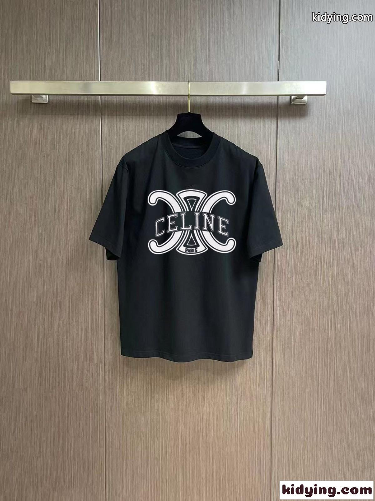 目を引く ロゴプリント クルーネック 半袖Tシャツ セリーヌ Tシャツ コピー コットン-3