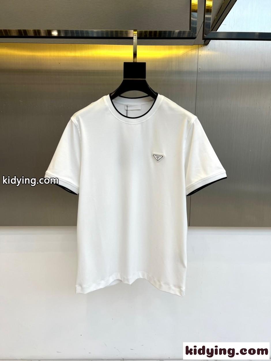 カジュアル パイピング クルーネック 半袖Tシャツ プラダ Tシャツ 偽物 ホワイト-0