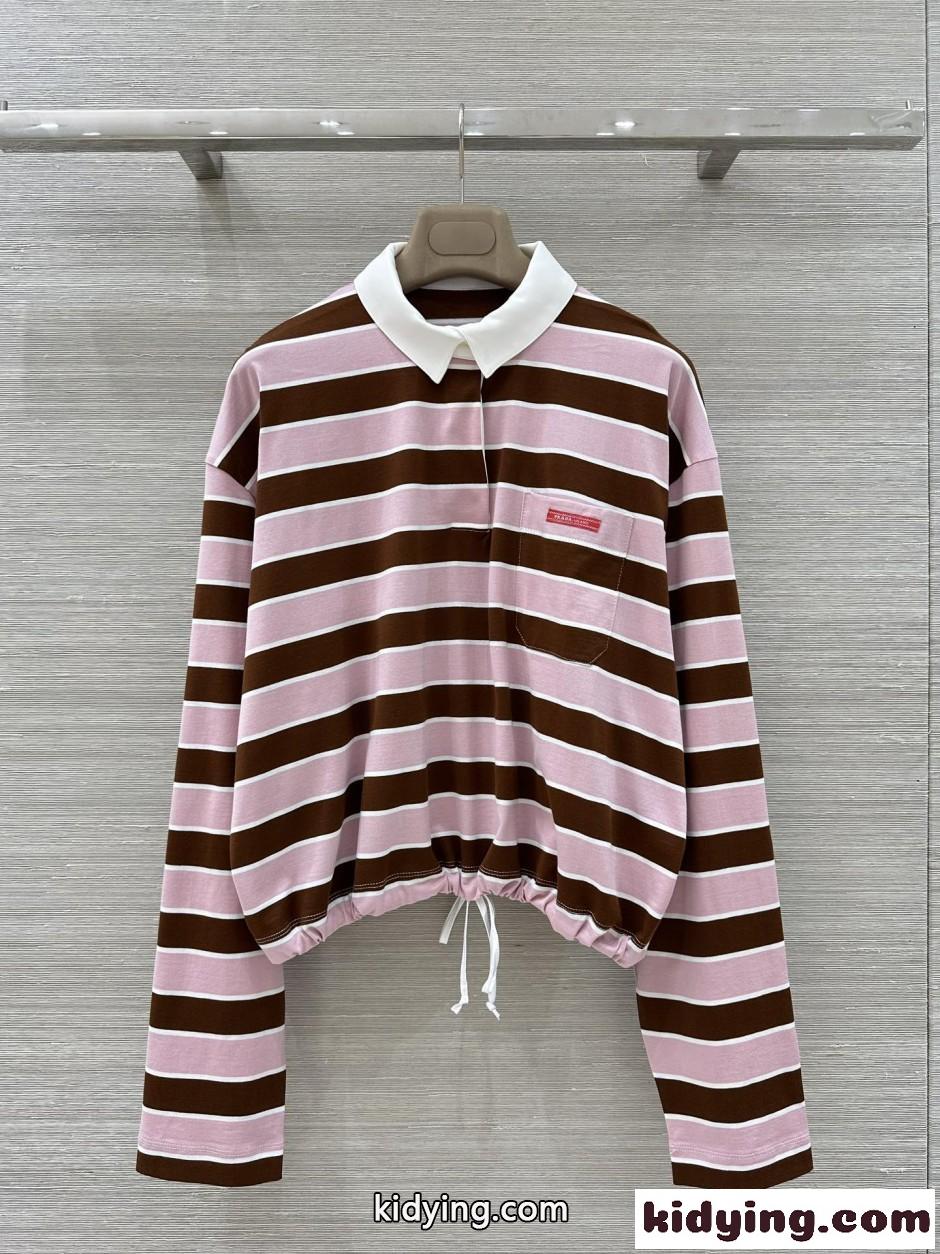 ボーダー柄 コットン 長袖ポロシャツ プラダ Tシャツ 偽物 トップス-1