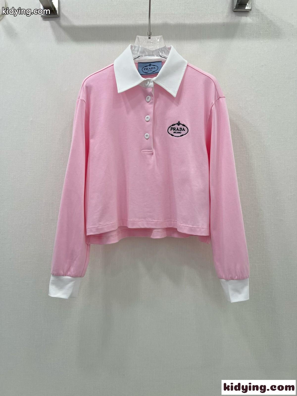 カジュアル コットン ポロシャツ プラダ Tシャツ コピー 長袖 クロップド ピンク-0