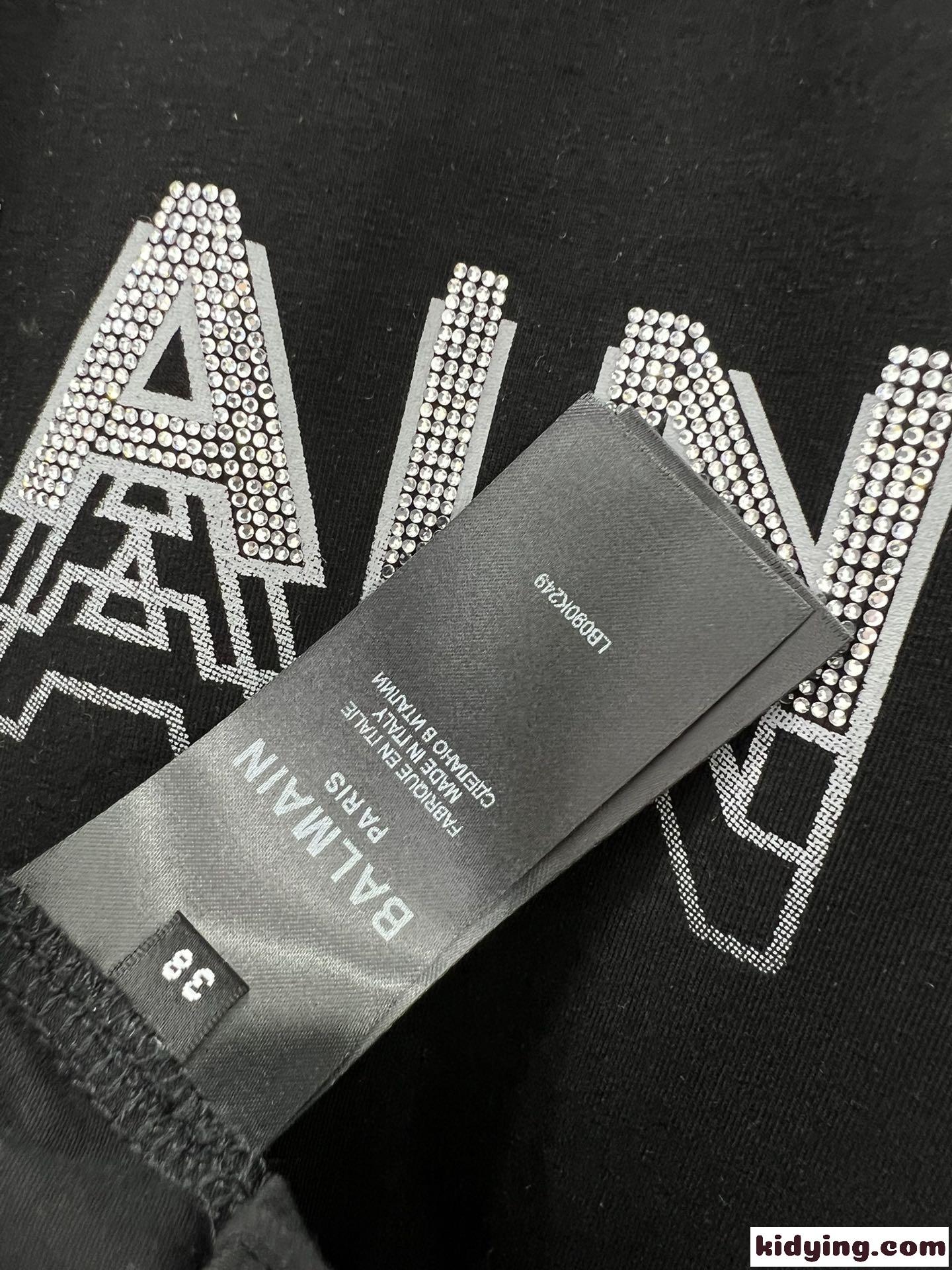 バルマン Tシャツ コピー ラインストーン ロゴ 半袖Tシャツ ブラック-1