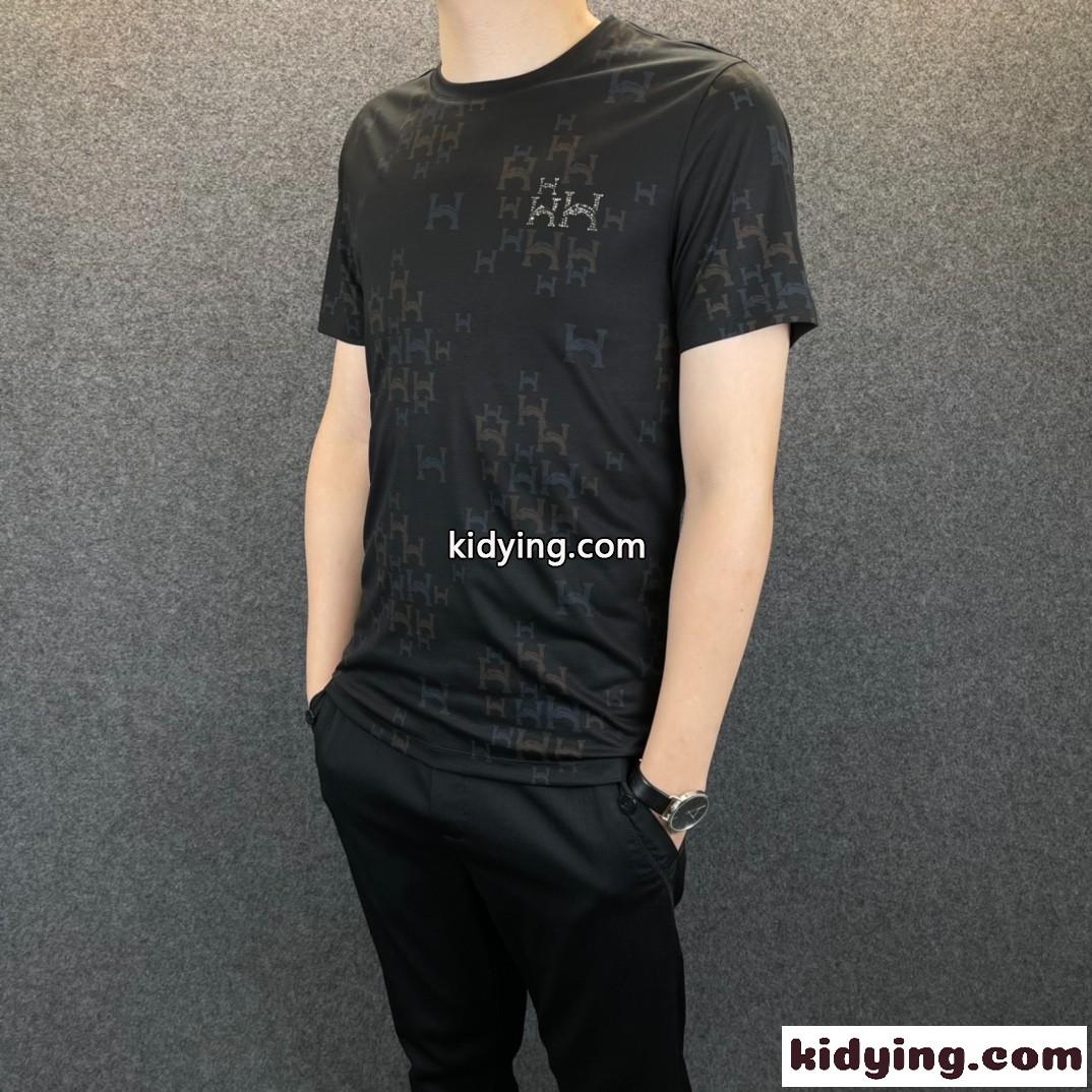 定番 シンプル 合わせやすい ラウンドネック 柔らかい ストレッチ エルメス Tシャツ コピー メンズ 半袖Tシャツ ブラック-1