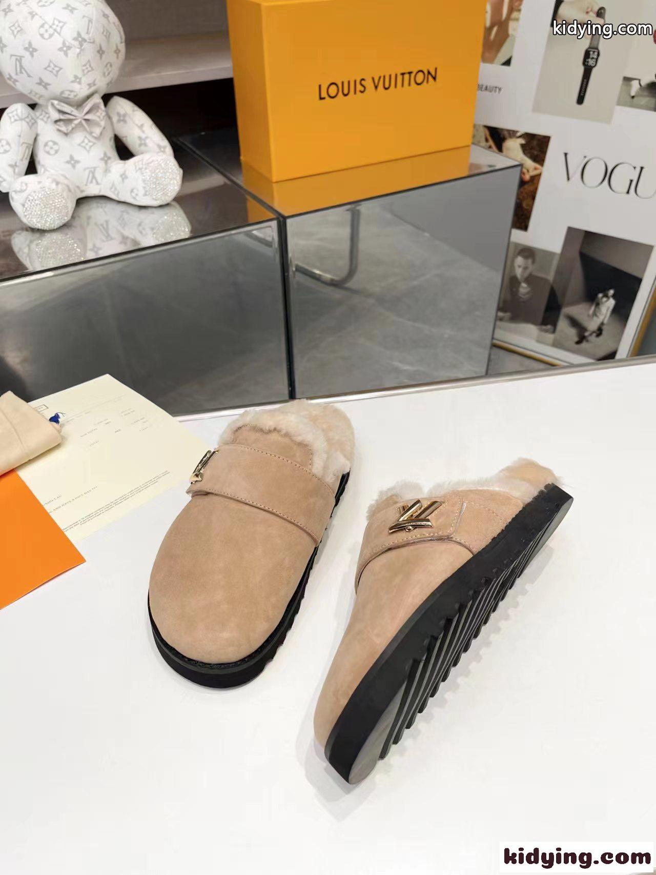 秋冬 ふわふわ LV コージー ミュール サンダル ルイヴィトン サンダル コピー ベージュ-4