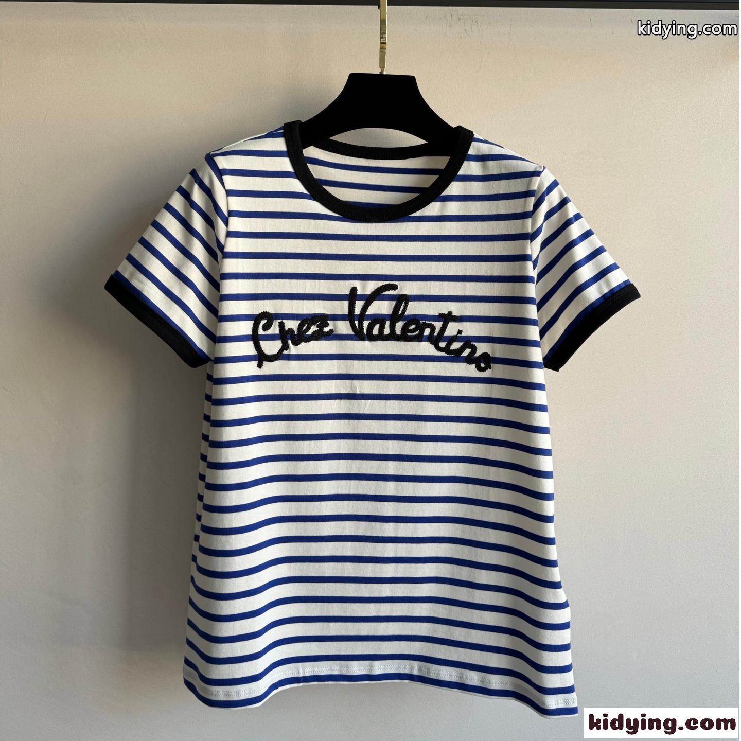 ボーダー柄 コットン 半袖Tシャツ ヴァレンティノ Tシャツ コピー ブルー-0