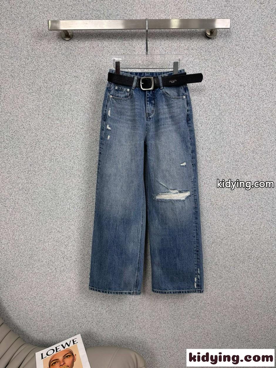 ベルト付き ワイドデニムパンツ プラダ ジーンズ 偽物 レディース-1