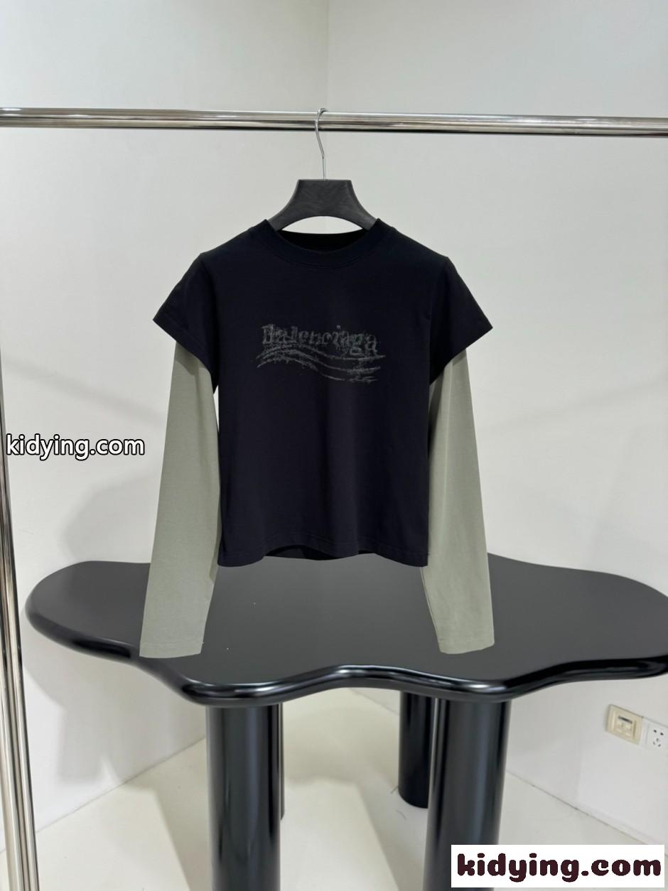 おしゃれ レイヤード風 ロゴ 長袖Tシャツ バレンシアガ Tシャツ コピー-0