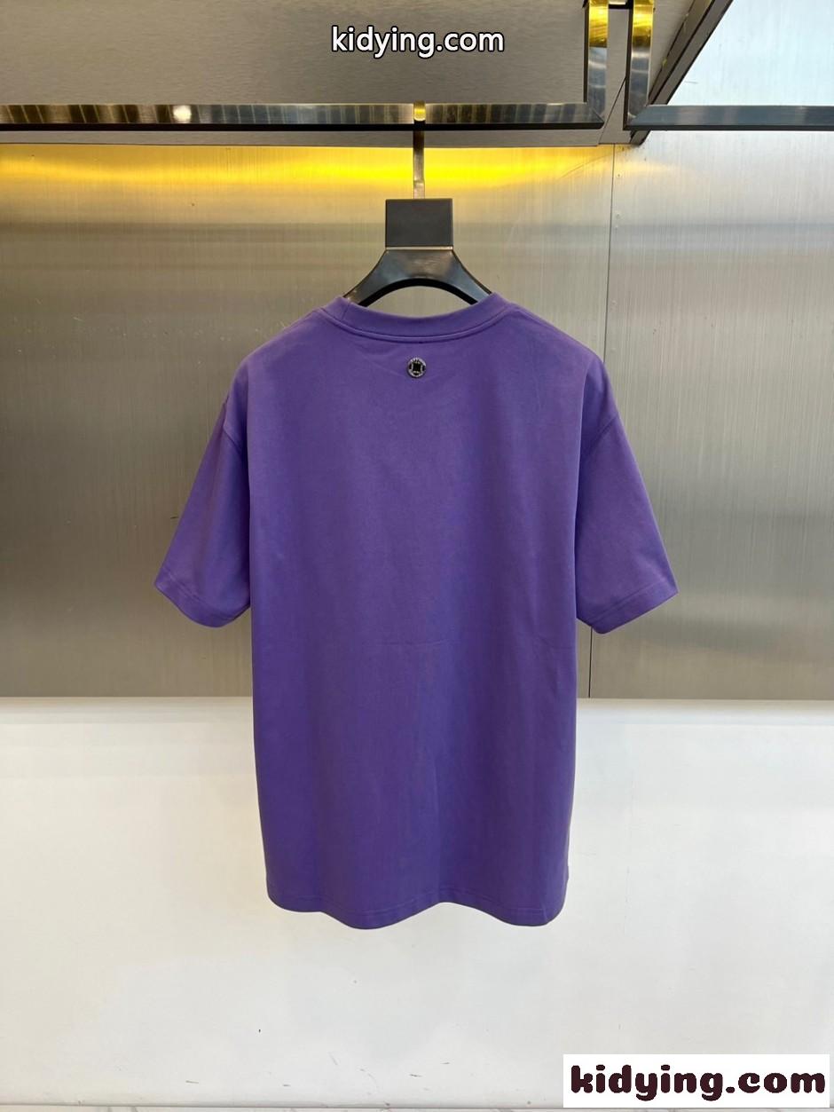 エルメス Tシャツ 偽物 お洒落 カジュアル コットン 半袖Tシャツ パープル-3