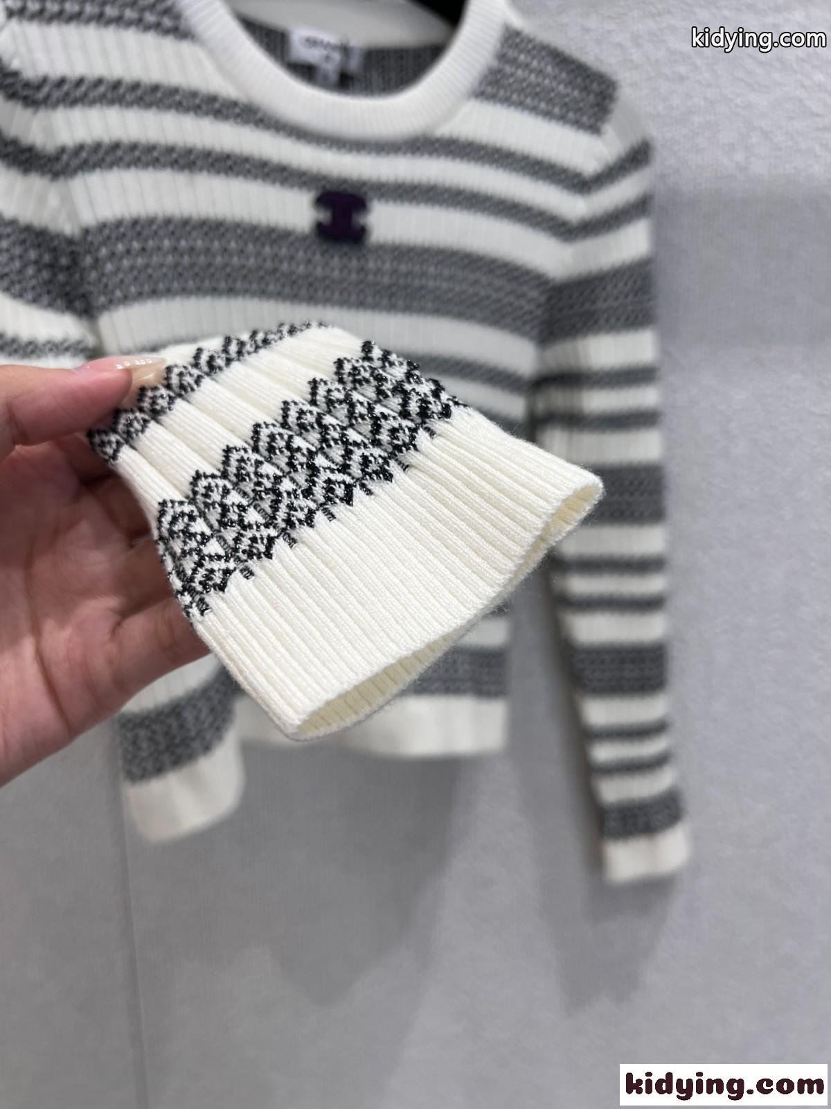 お洒落 上品 ストライプ クロップドニット シャネル セーター コピー ホワイト-4