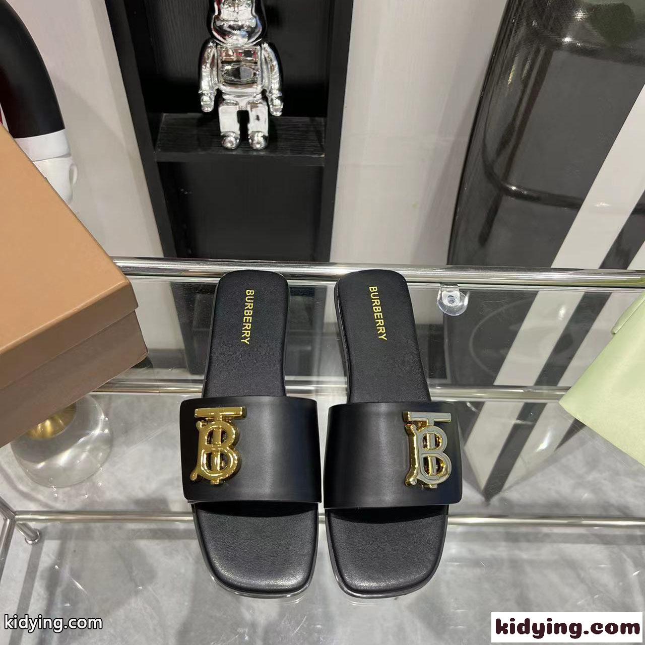バーバリー サンダル コピー モノグラムモチーフ レザースライド フラットシューズ-0