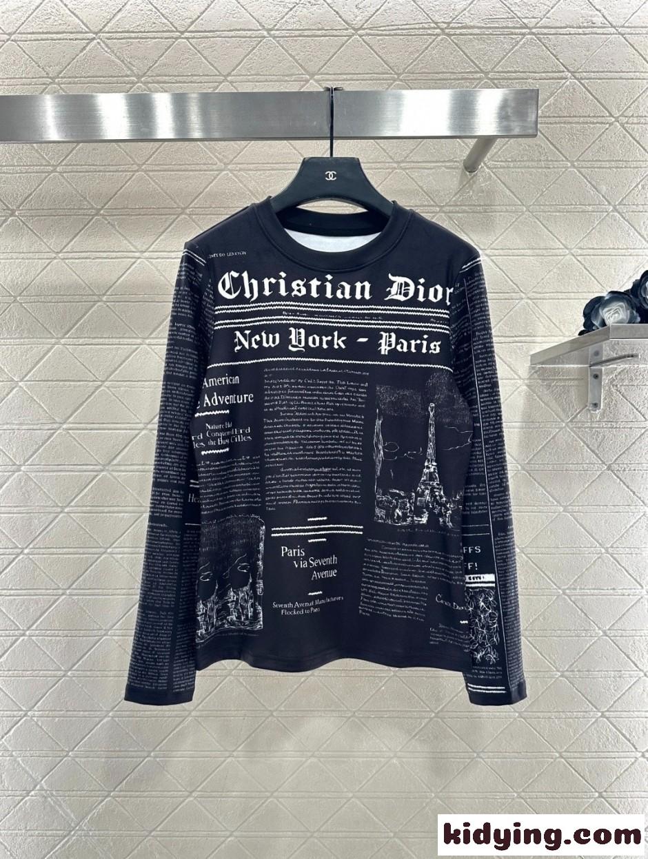 クリスチャン・ディオール Tシャツ 偽物 目を引く Newspaper クルーネック プルオーバー ブラック-0