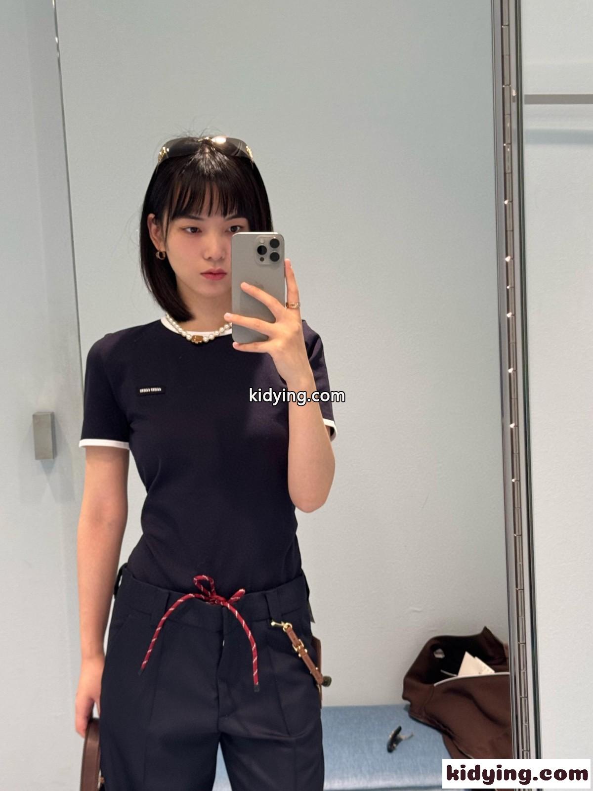 カジュアル おしゃれ コットン 半袖Tシャツ ミュウミュウ Tシャツ コピー ネイビー-3