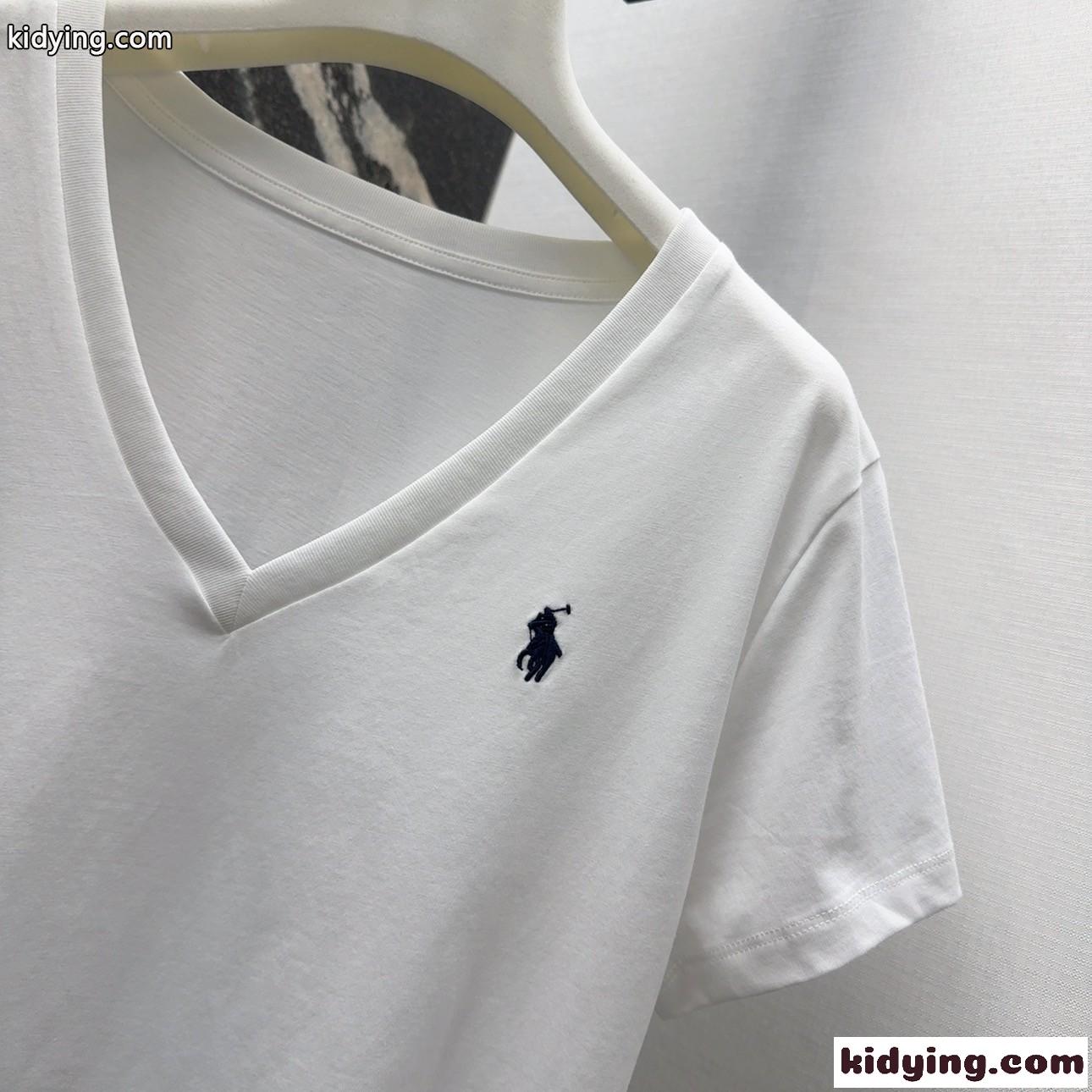 シンプル ロゴ刺繍 Vネック 半袖Tシャツ ラルフローレン Tシャツ コピー ホワイト-0