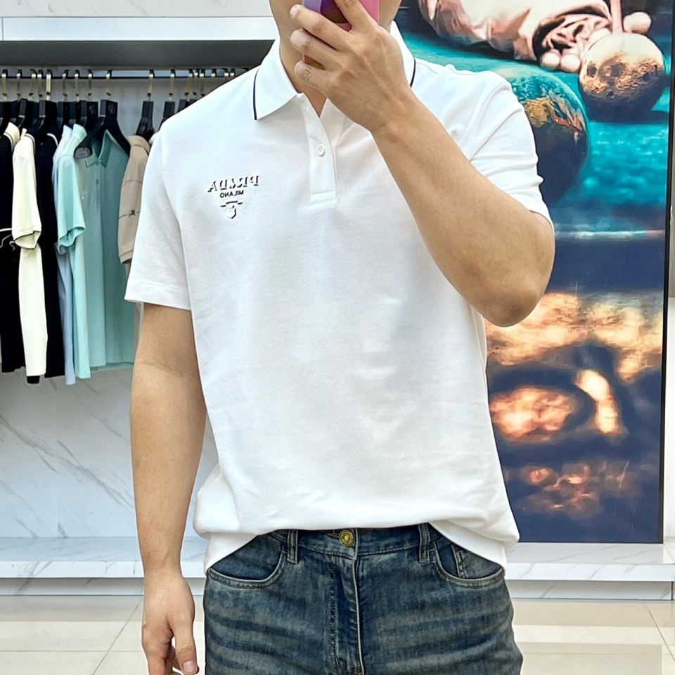 洗練された カジュアル 半袖 ポロシャツ プラダ Tシャツ 偽物 コットンピケ ホワイト-2