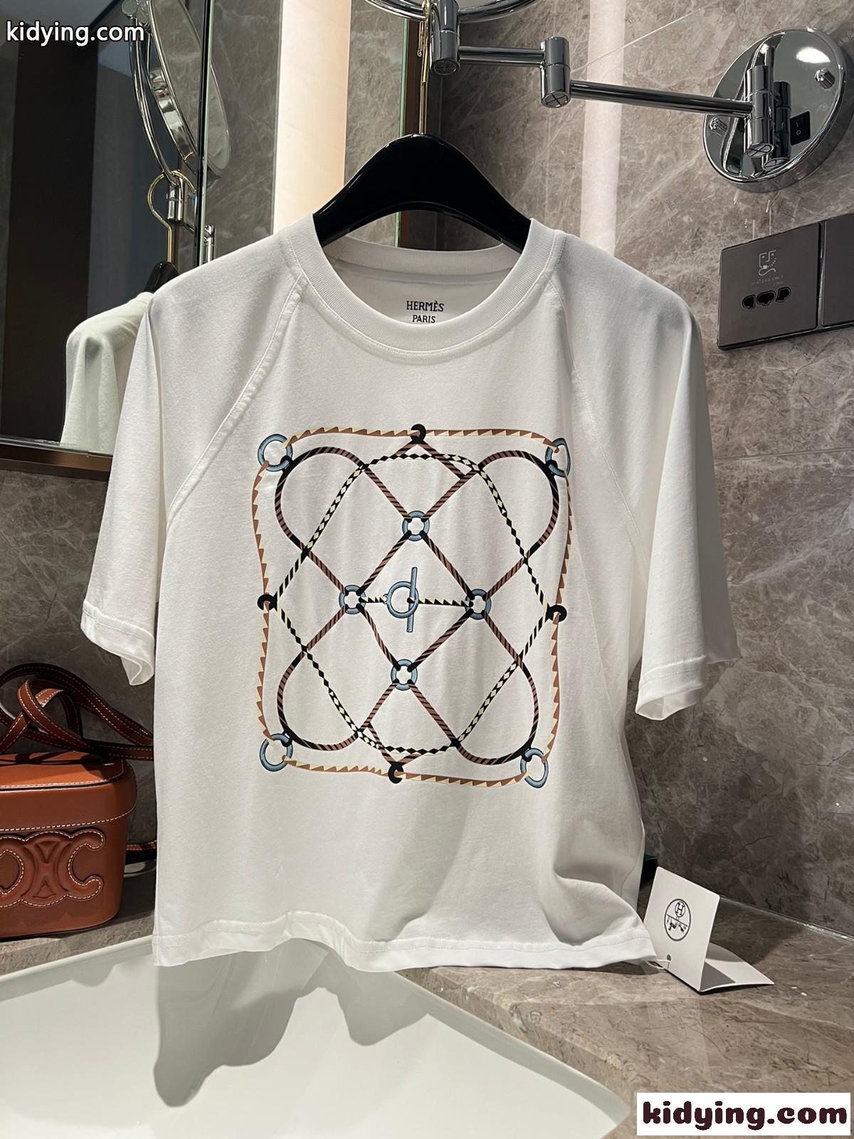 プリント コットン 半袖Tシャツ エルメス Tシャツ コピー ホワイト-1