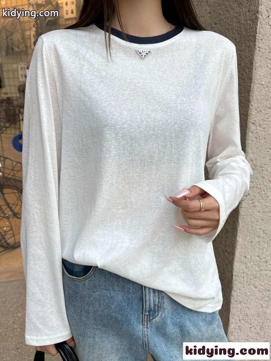シンプル カジュアル コットン 長袖Tシャツ プラダ Tシャツ コピー クルーネック-3