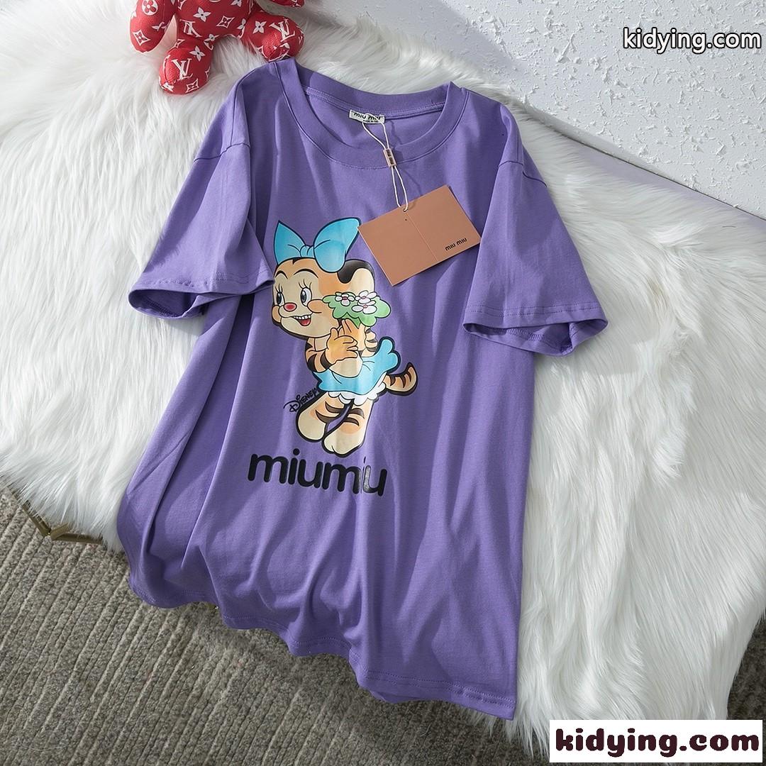 人気 ゆったり 体型カバー 可愛い プリント ミュウミュウ 半袖tシャツ コピー コットン 着心地いい ラウンドネック-4