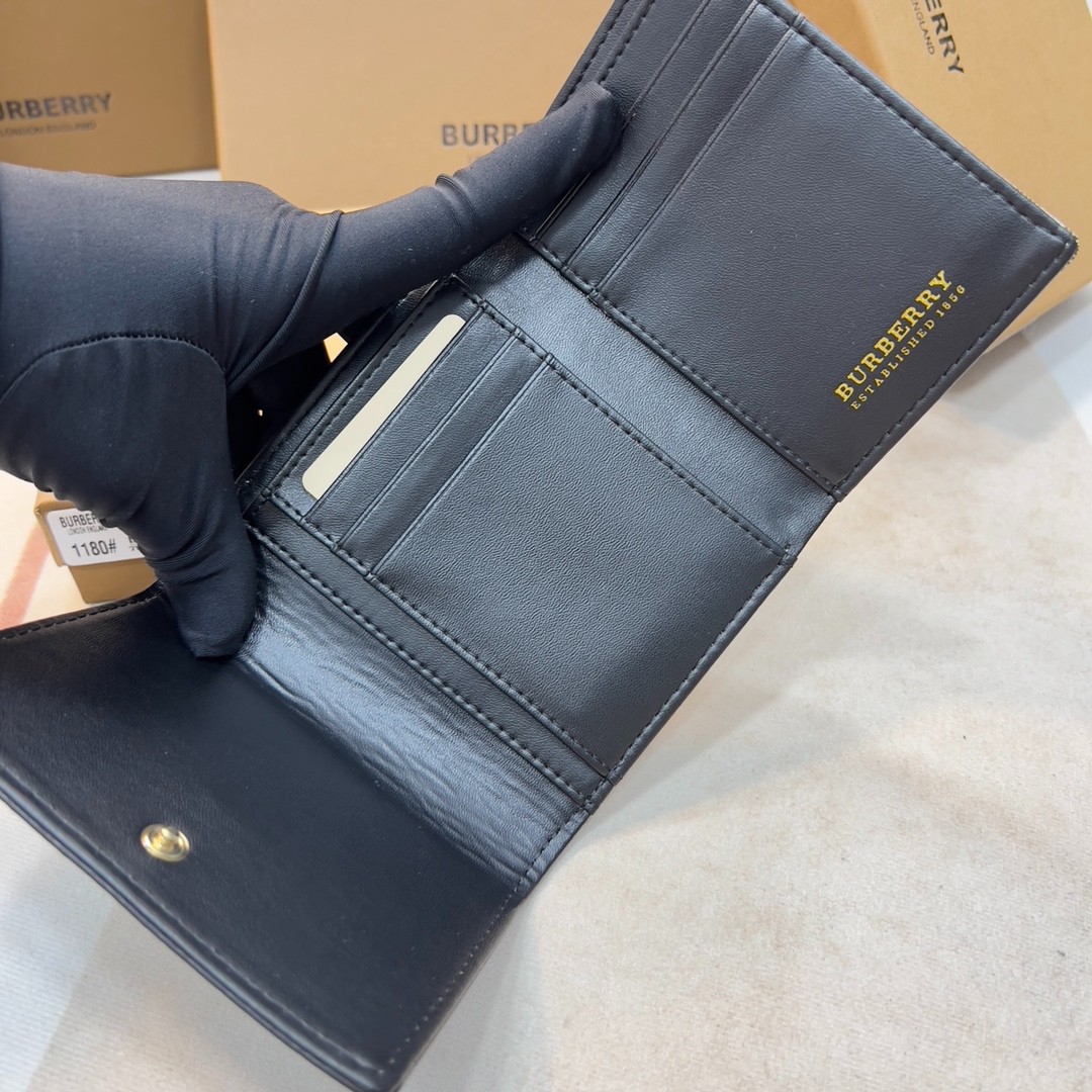 バーバリー 財布 コピー 人気 チェック＆レザー コンパクト財布 ブラック-3