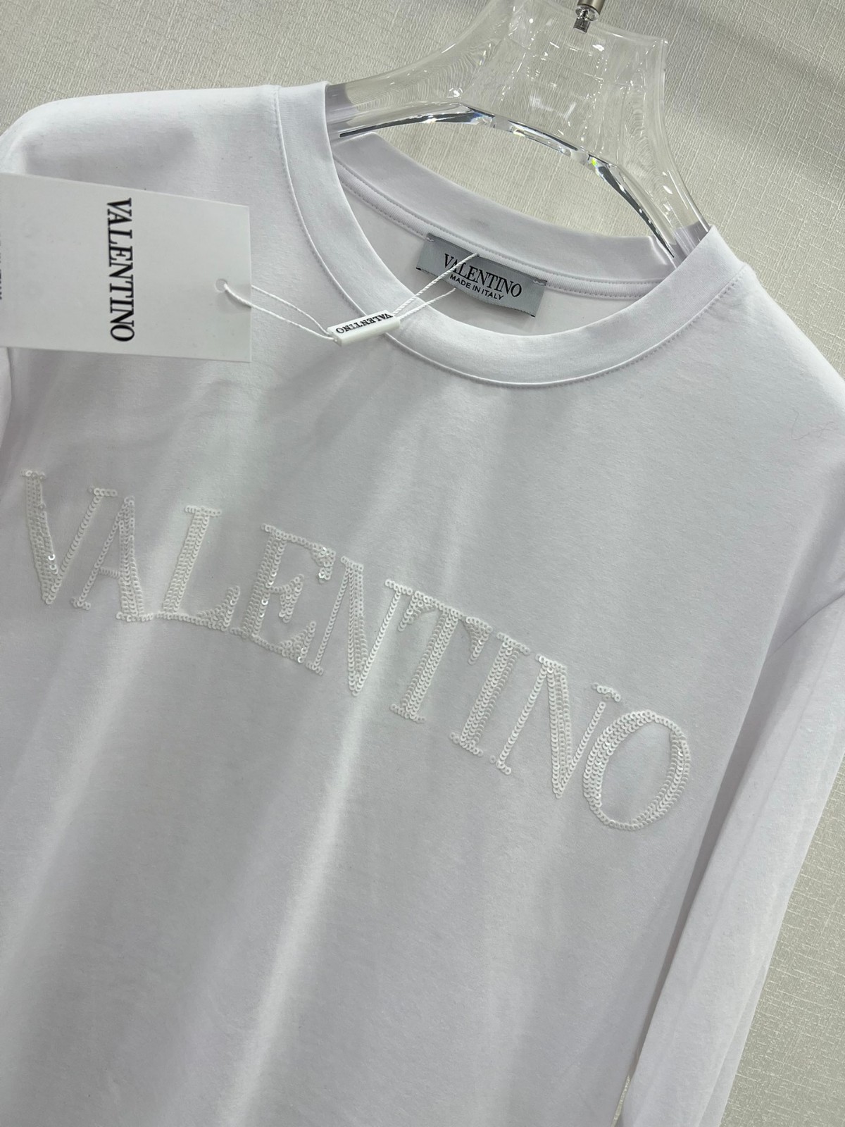 シンプル スパンコールロゴ クルーネック ヴァレンティノ Tシャツ コピー ホワイト-3