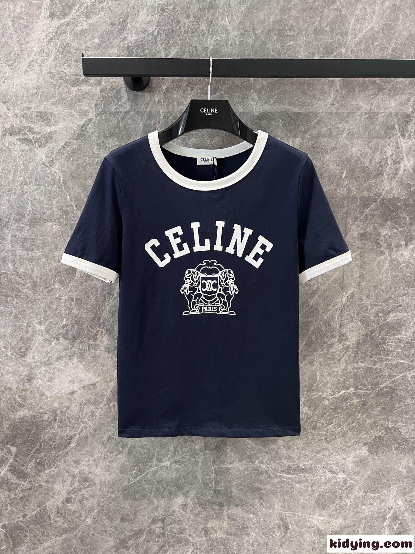 飽きのこない 人気 コットン 半袖Tシャツ セリーヌ Tシャツ コピー ブルー-0
