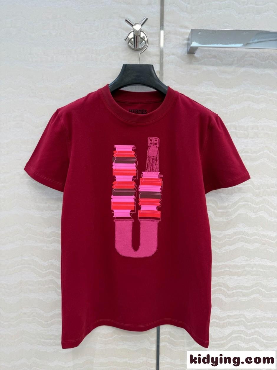プリント入り コットン 半袖Tシャツ エルメス Tシャツ スーパーコピー レッド-0