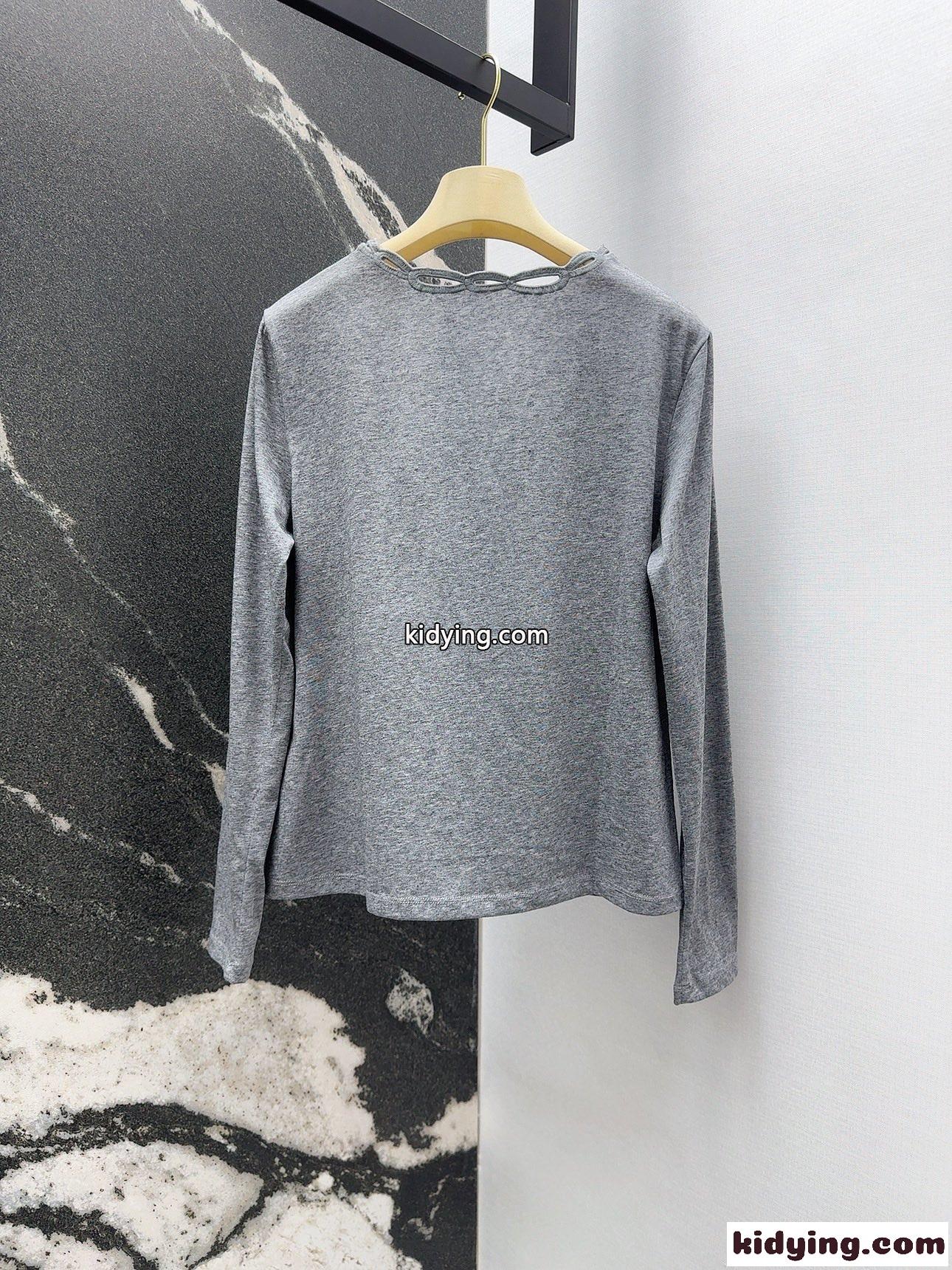 フェンミン エレガント Vネック 長袖Tシャツ ヴァレンティノ Tシャツ 偽物 コットン グレー-3
