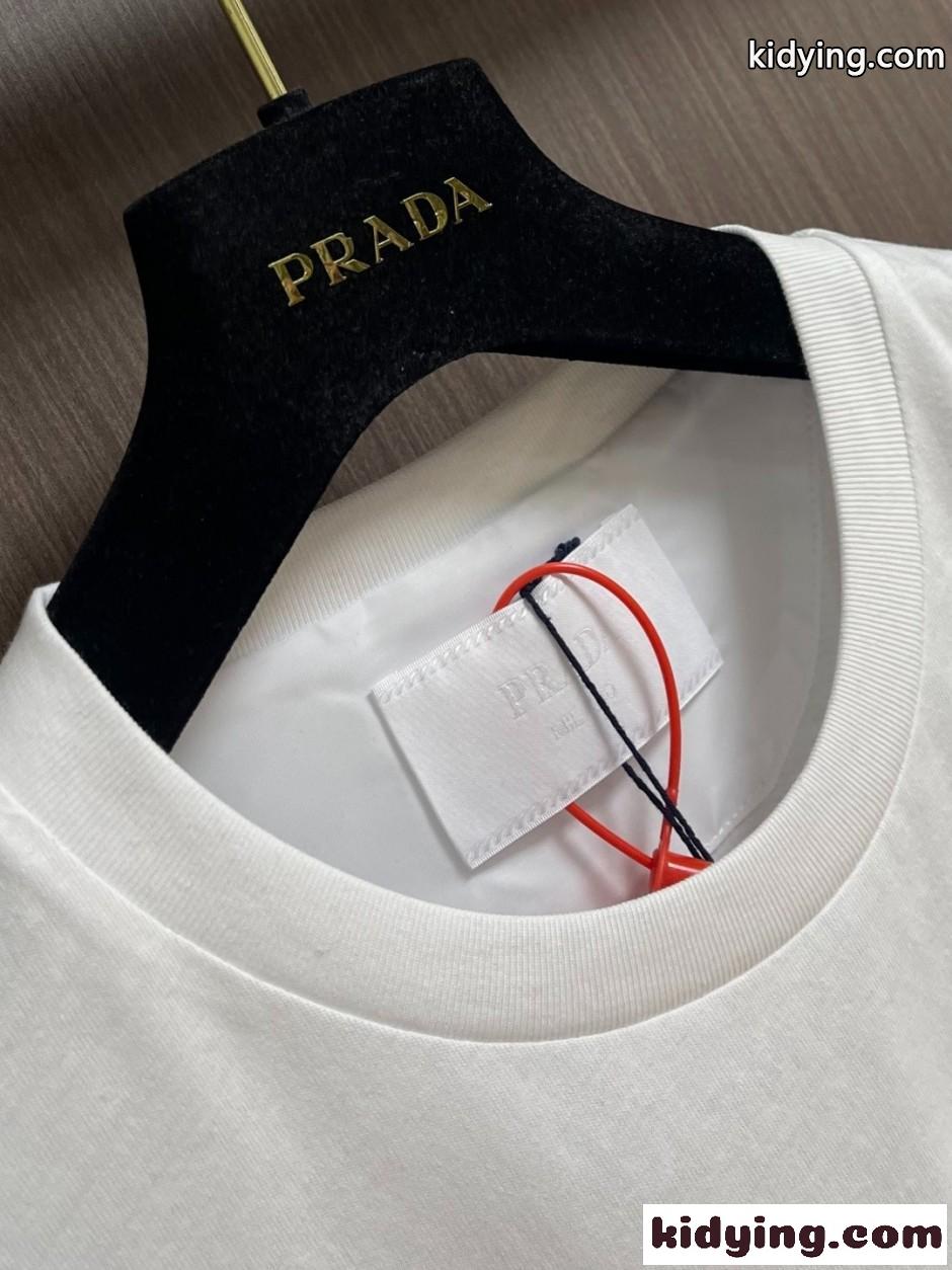 カジュアル 上品 プラダ Tシャツ 偽物 異素材ディテール 半袖Tシャツ ホワイト-3