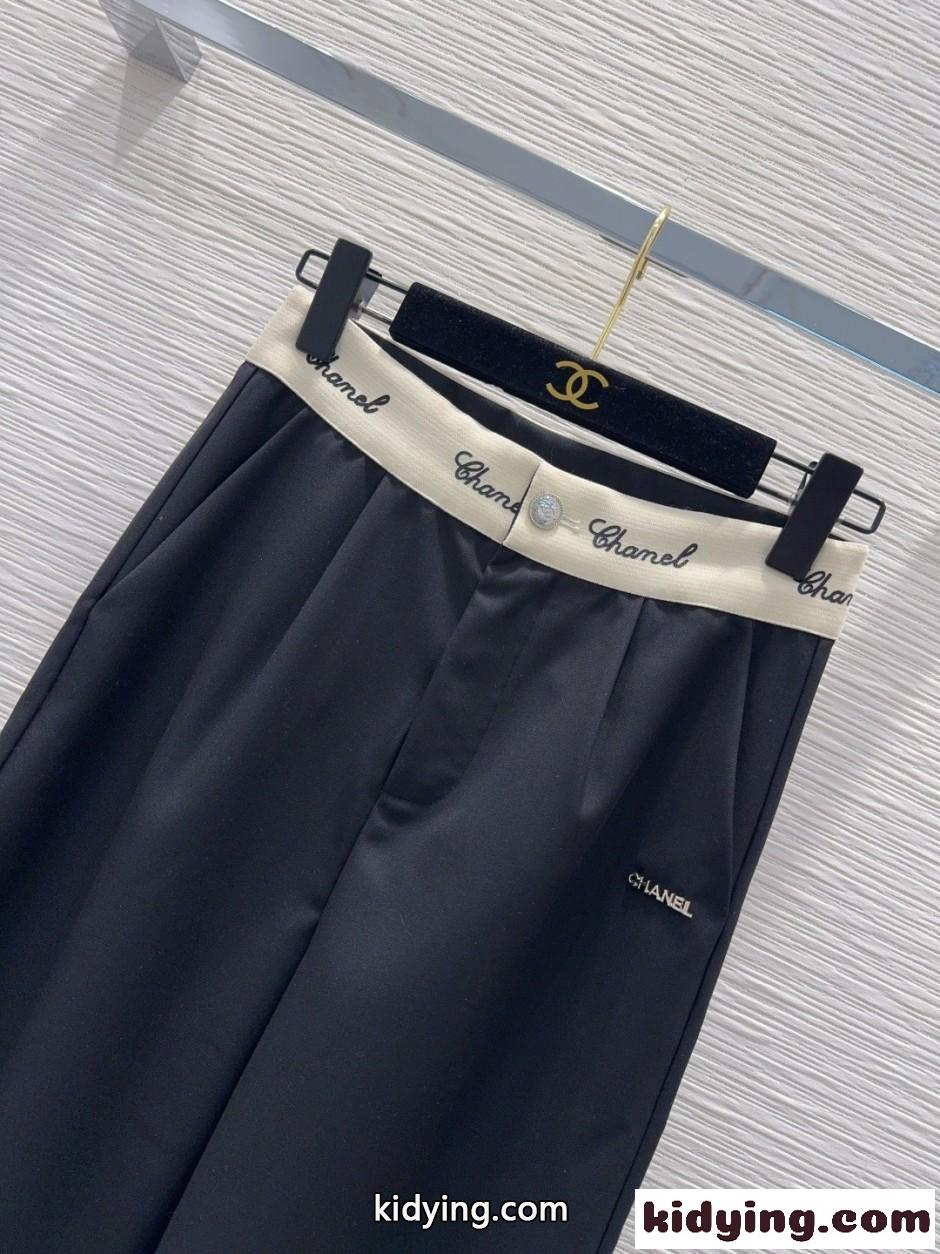 ロゴウエスト ワイドレッグパンツ シャネル スラックス コピー ブラック-0